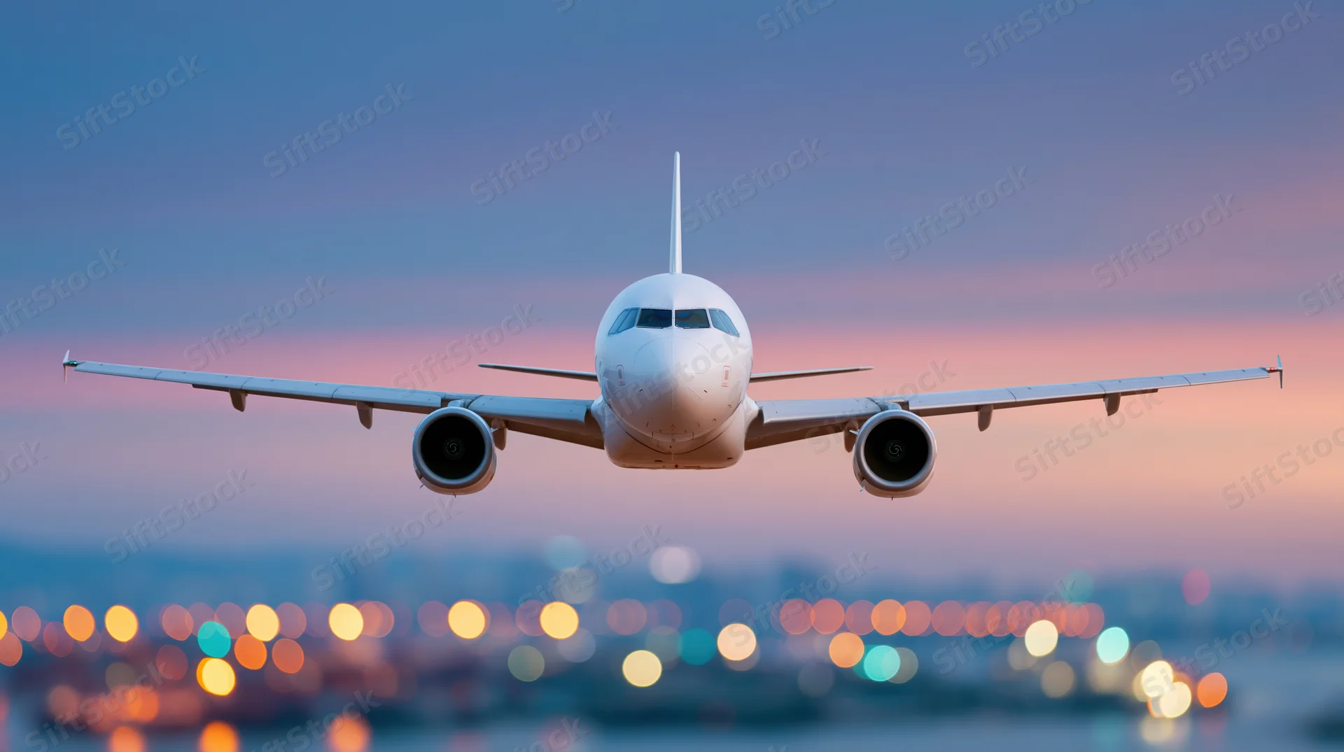 White commercial passenger jet flying head-on toward camera against twilight sky with city lights below