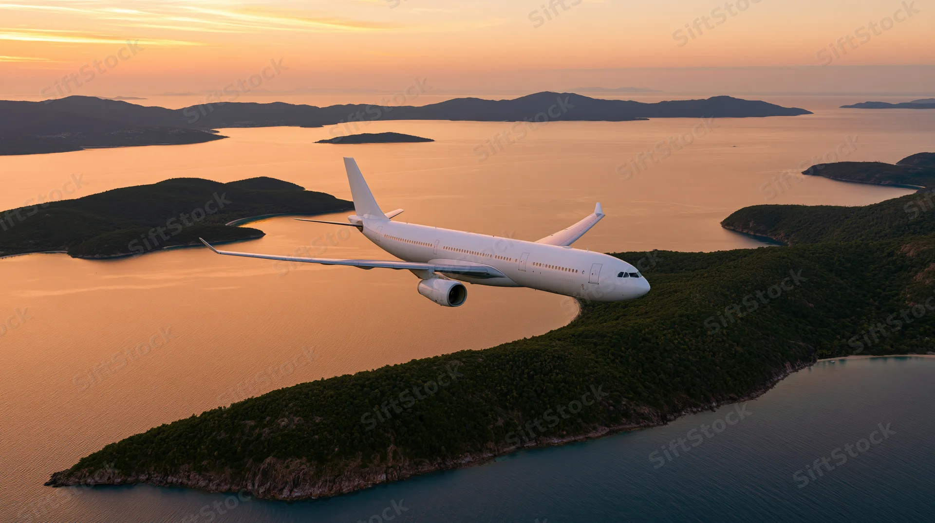 White commercial airplane flying low over tropical islands and ocean at sunset