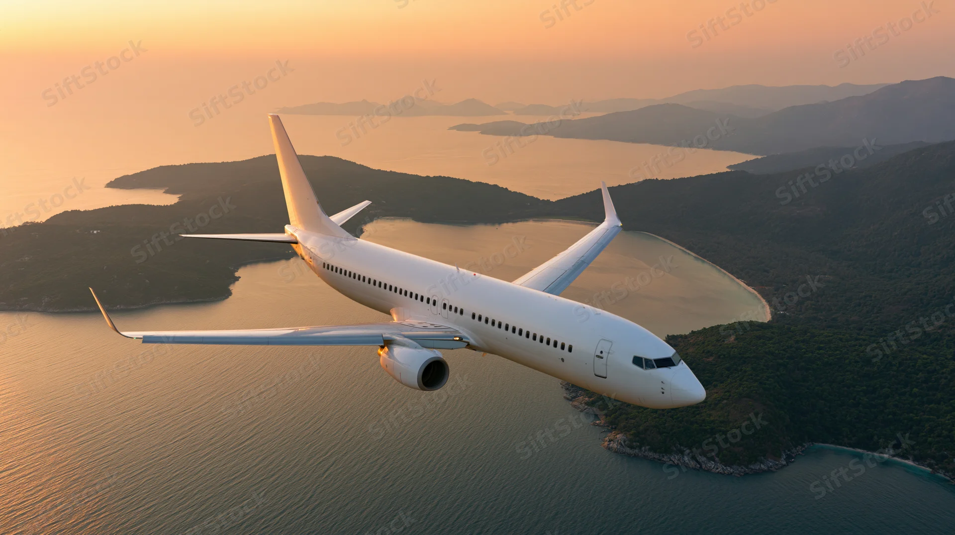 White commercial jet flying low over tropical islands at sunset
