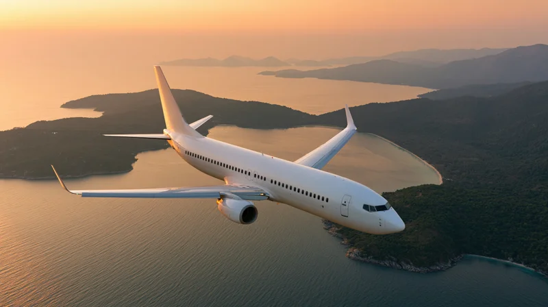 White commercial jet flying low over tropical islands at sunset