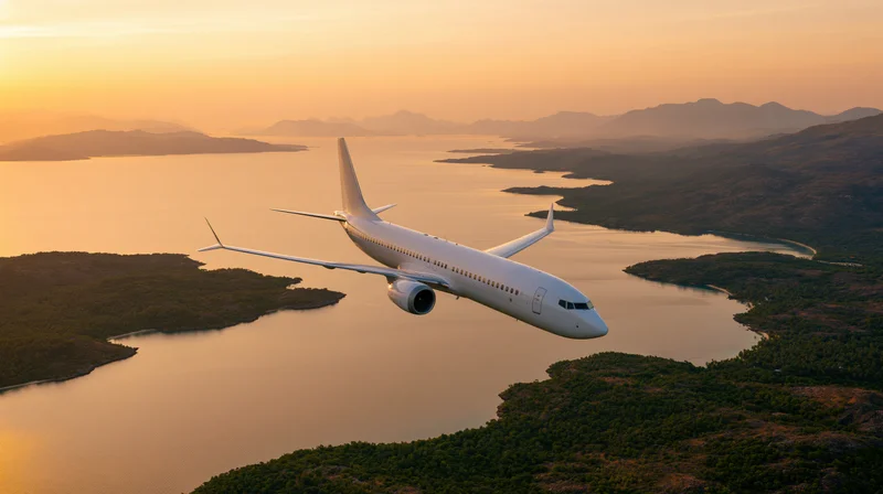 White commercial airplane flying low over fjord landscape at sunset