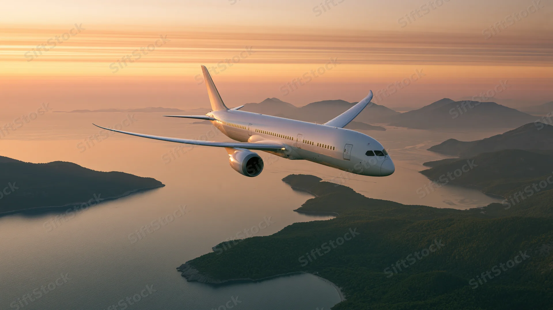 White commercial jet flying low over tropical islands at sunset