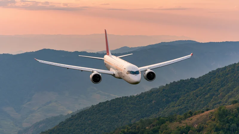 White commercial jet flying low over layered mountains at sunset