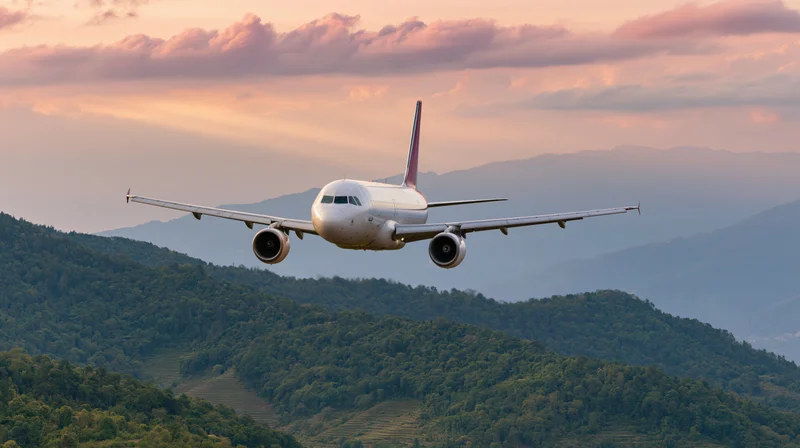 White commercial passenger jet flying low over layered mountains at sunset