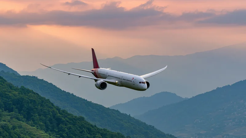 White commercial airplane flying low over layered mountains at sunset