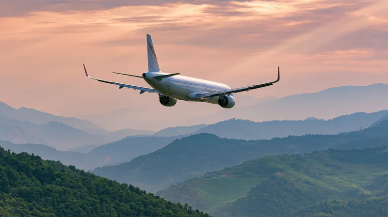 White commercial passenger jet flying low over layered mountains at sunset