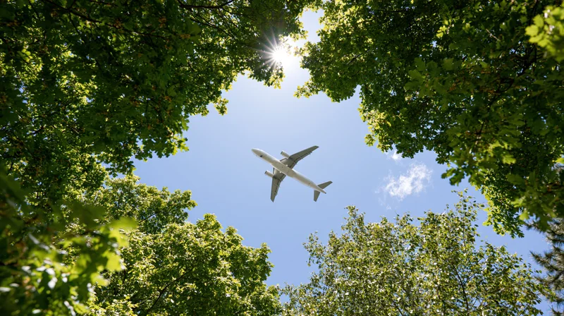 White commercial airplane flying overhead viewed through green tree canopy against blue sky