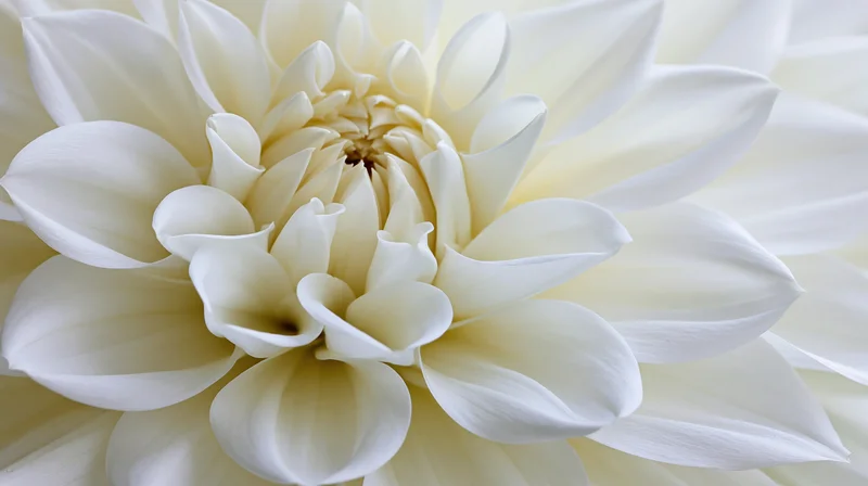 Closeup of white dahlia bloom filling frame with center petals in focus