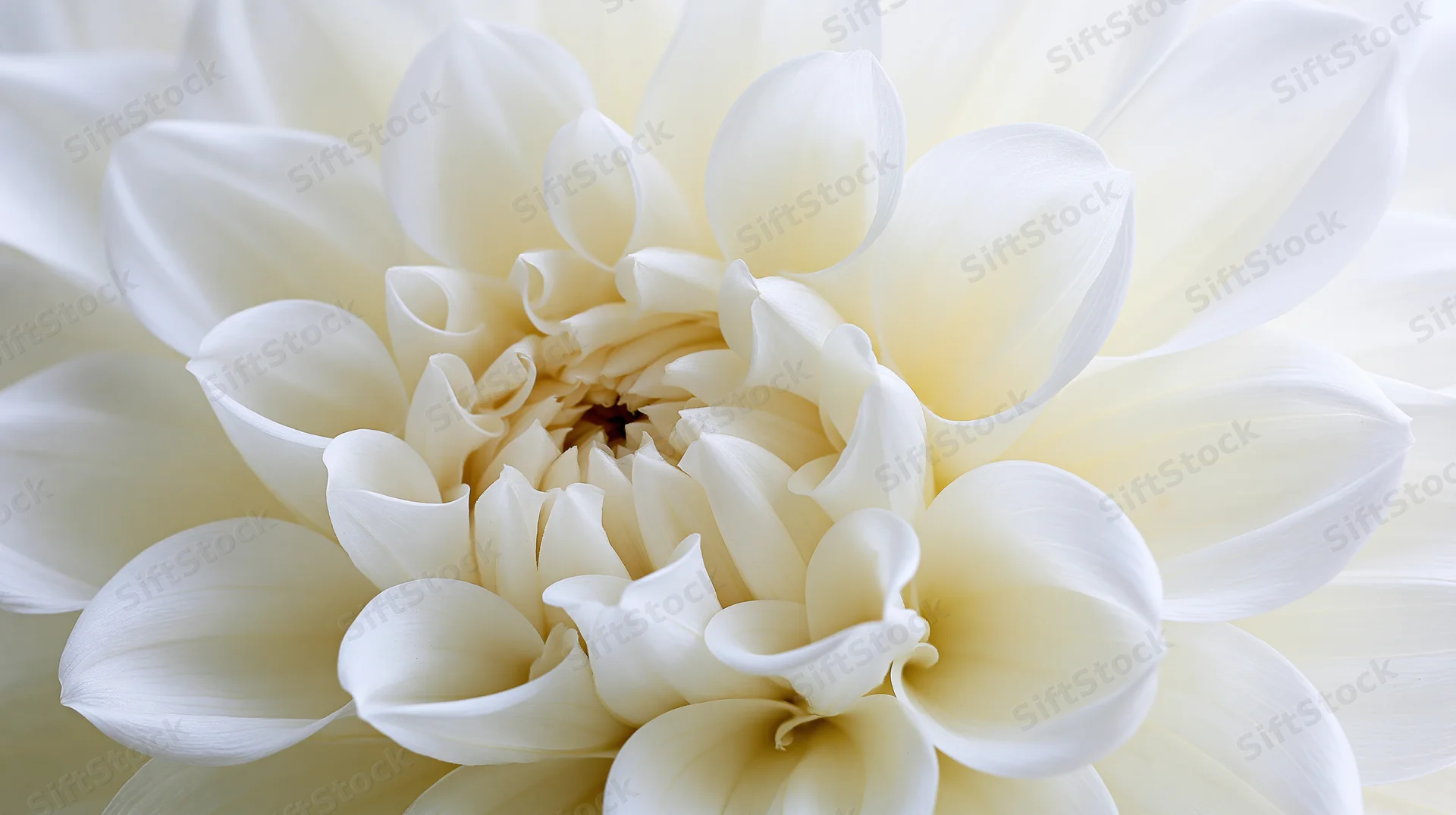 Closeup of white dahlia bloom showing layered center petals in soft light