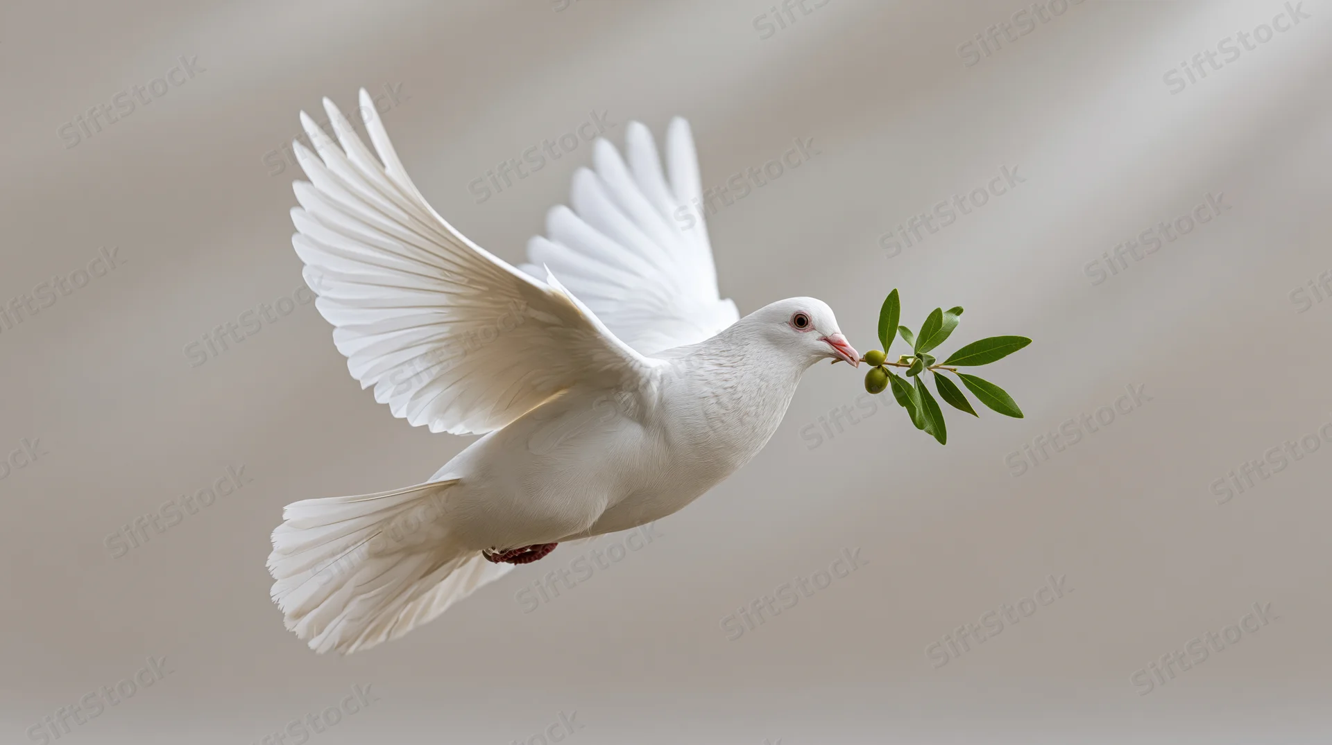 White dove in mid-flight carrying a small green olive branch against a soft blurred background