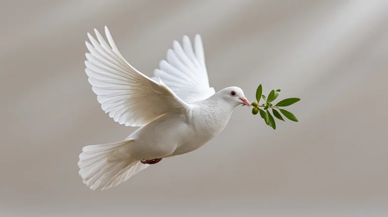 White dove in mid-flight carrying a small green olive branch against a soft blurred background