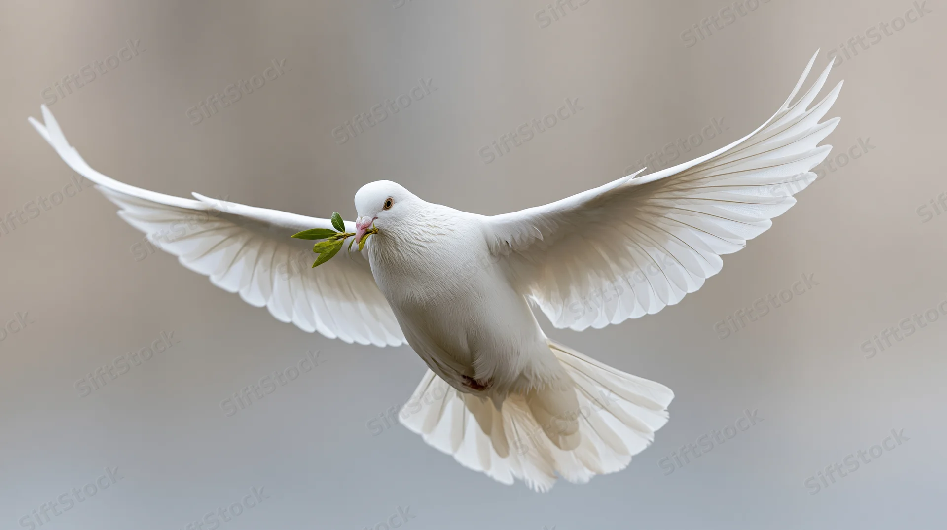 White dove in mid-flight carrying an olive branch against a soft blurred background