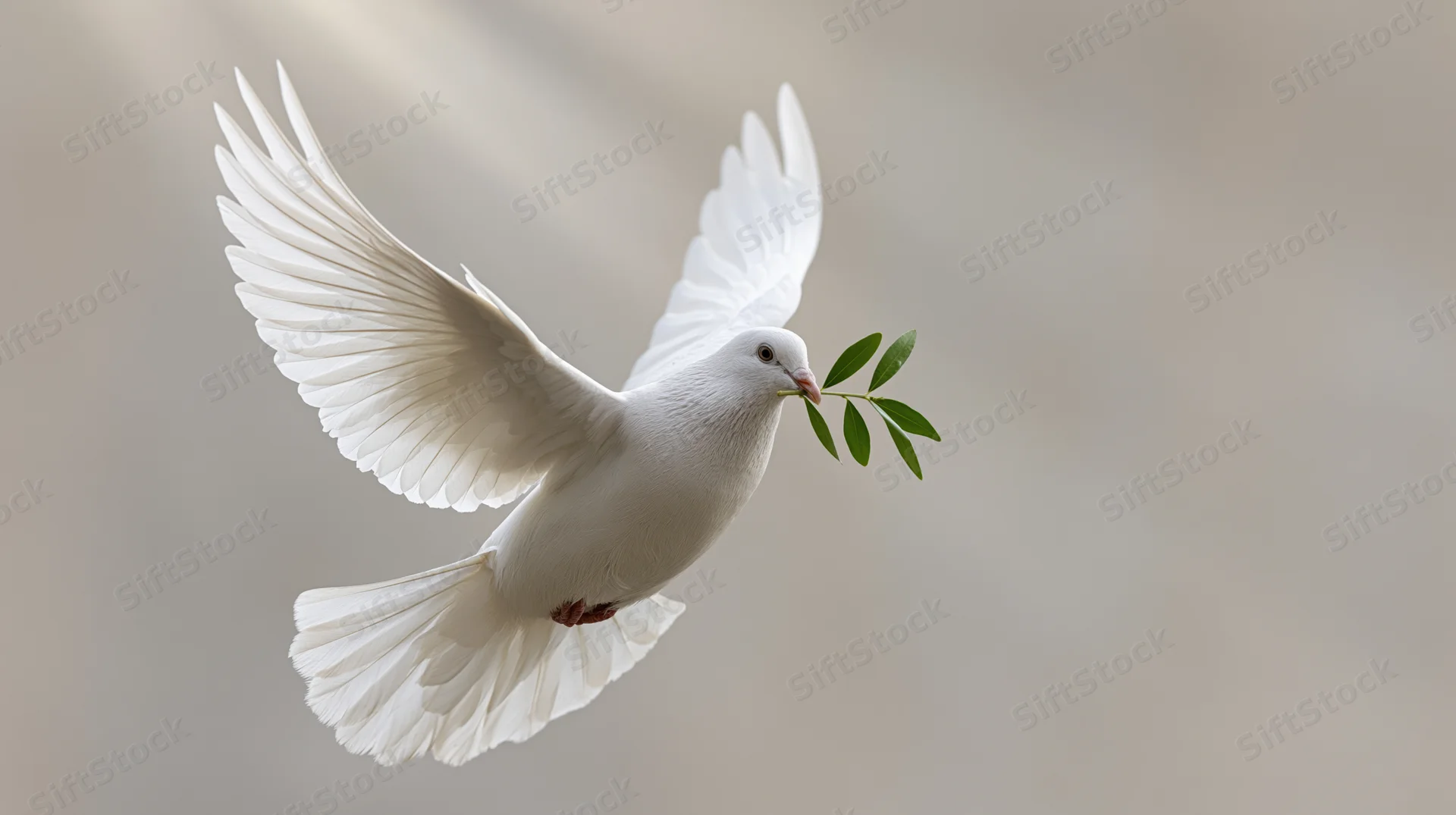 White dove in mid-flight carrying an olive branch against a soft blurred background