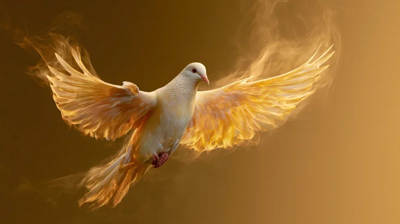 White dove in mid-flight with wings spread wide, surrounded by glowing golden smoke against a warm amber background