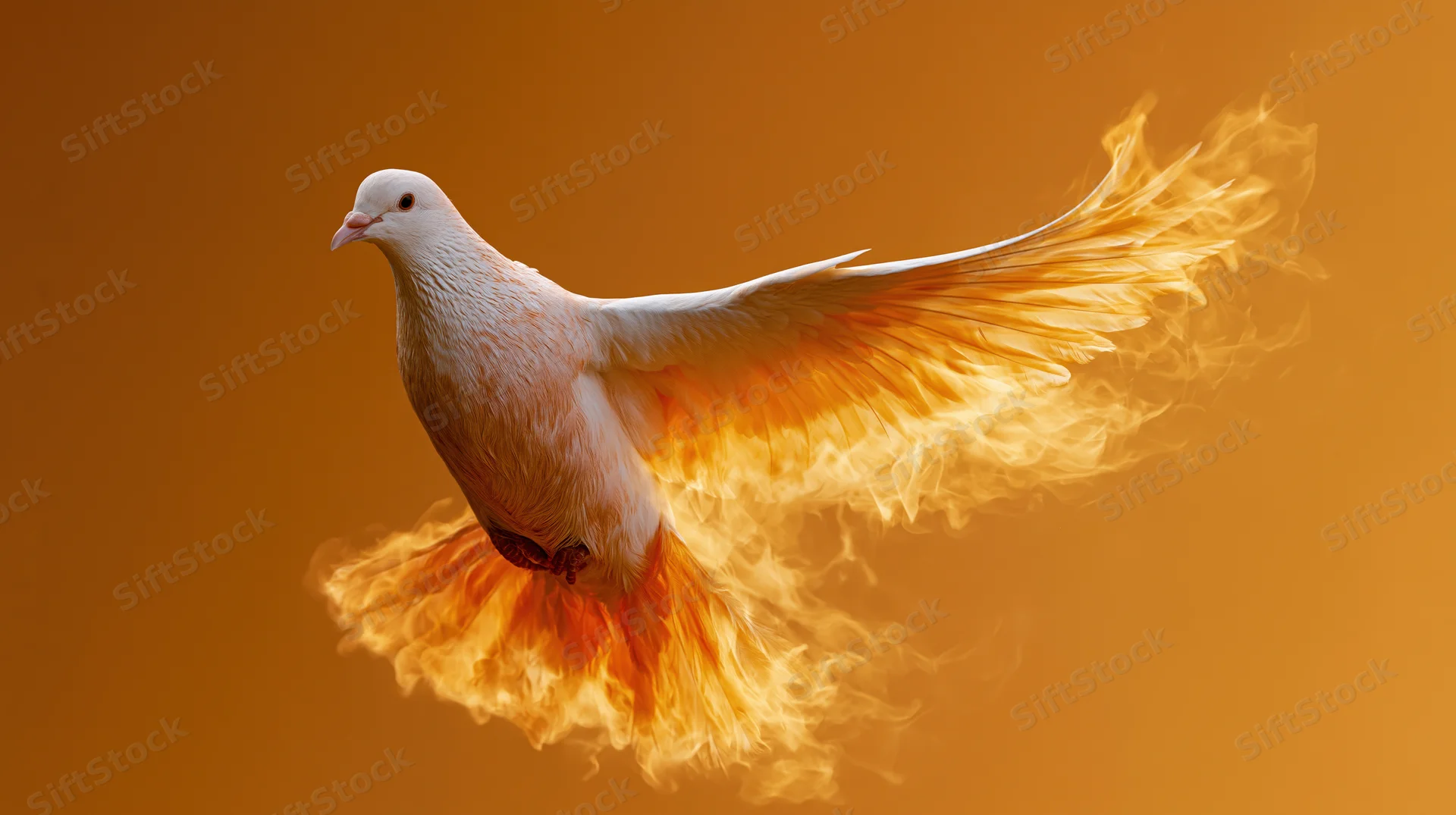White dove in mid-flight with wings spread, surrounded by flames against an orange background
