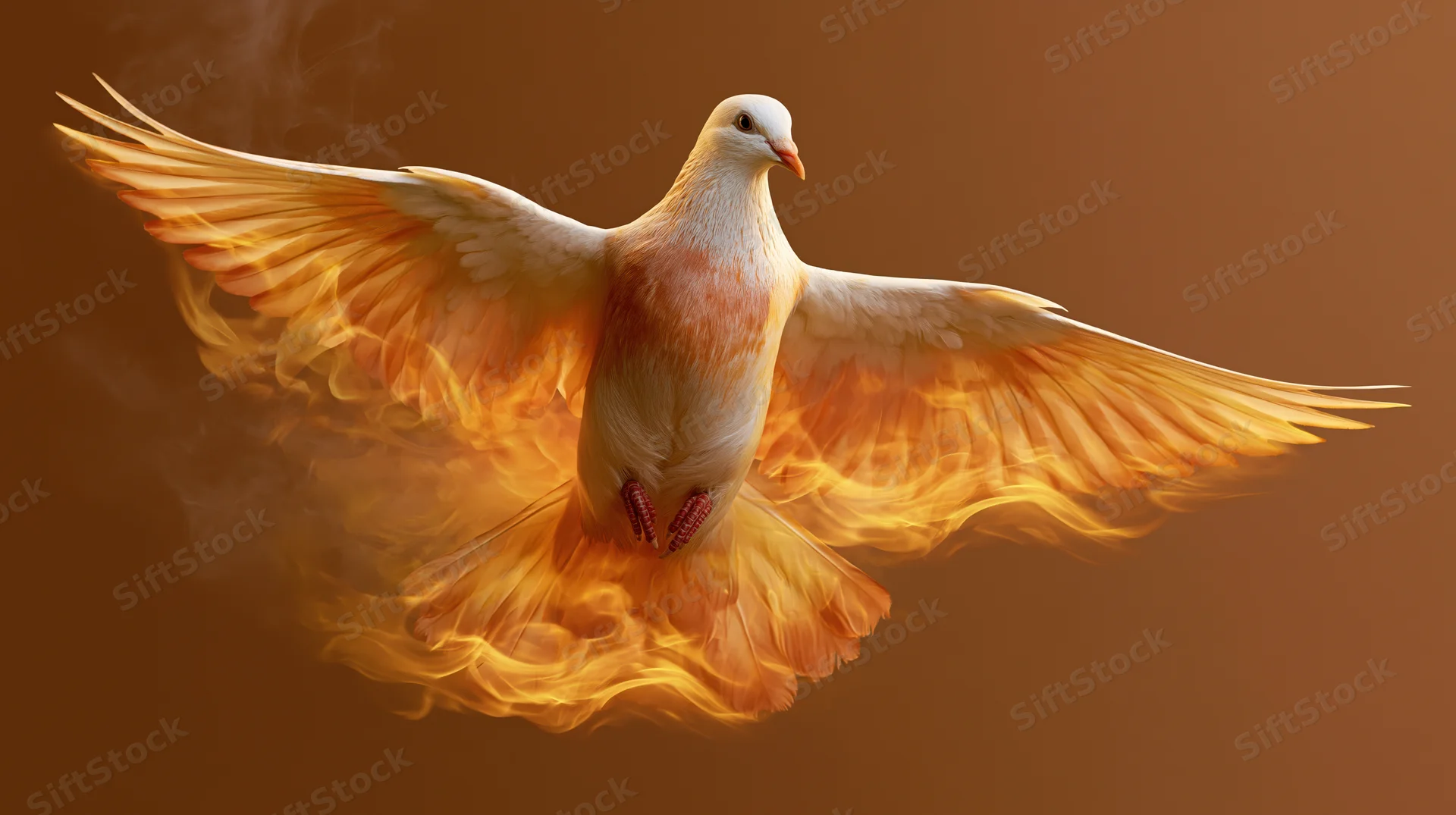 White dove in mid-flight with wings spread surrounded by flames against a warm brown background