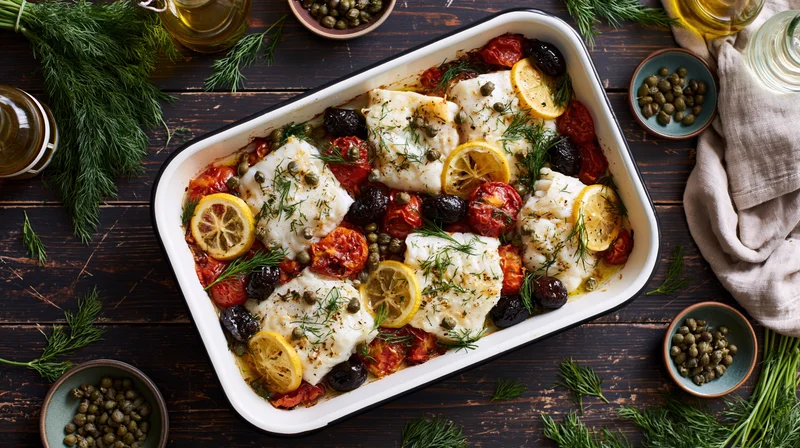 Baked white fish fillets with tomatoes, lemons, capers and dill in a rectangular enamel tray on a dark wooden table