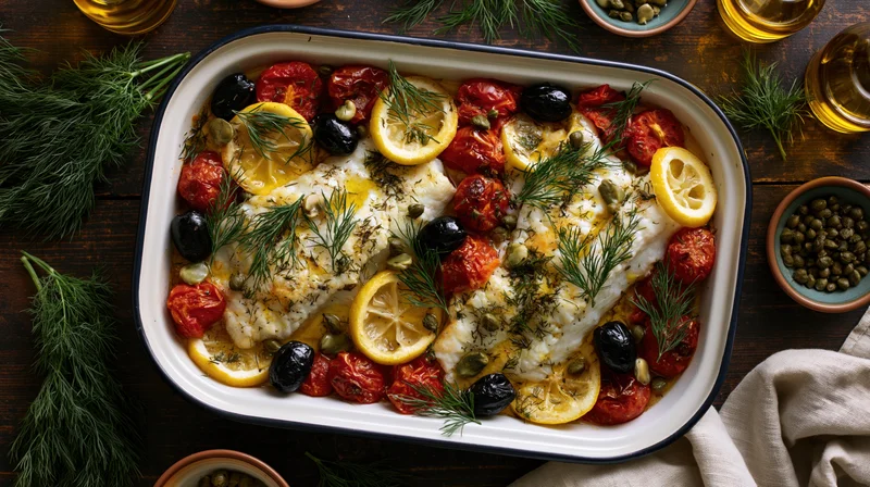 Baked white fish fillets with tomatoes, lemon, dill and capers in a rectangular enamel tray on a wooden table