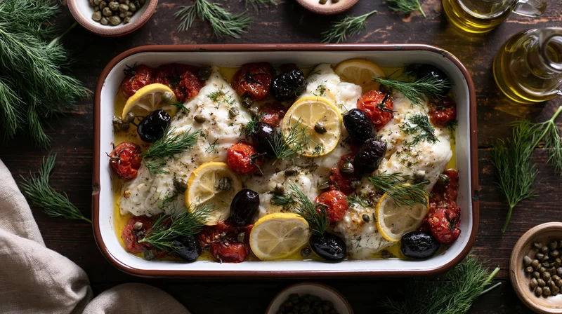 Baked white fish fillets with lemon dill capers and olives in a rectangular enamel tray on a wooden table