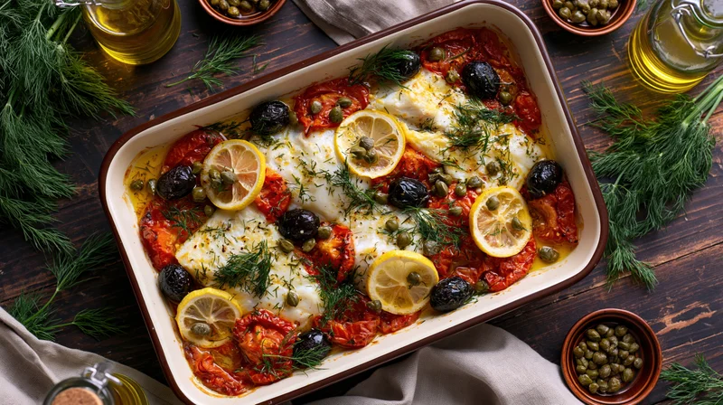 Baked white fish fillets with tomato sauce, lemon, capers and dill in a rectangular enamel tray on a dark wooden table