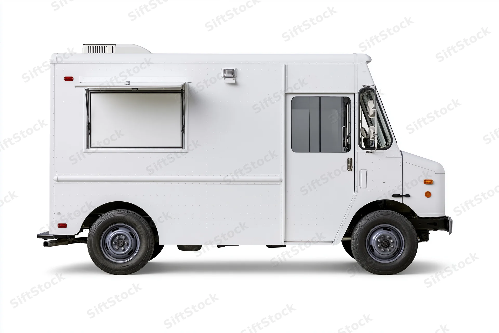 White food truck parked and viewed from the side with blank menu panel