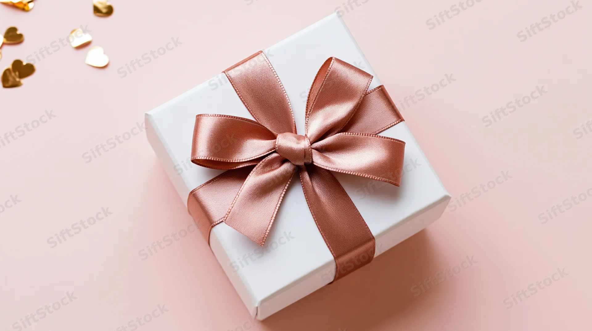 White gift box with rose-gold satin bow and heart confetti on pink surface