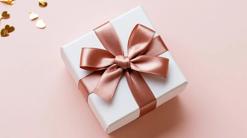 White gift box with rose-gold satin bow and heart confetti on pink surface