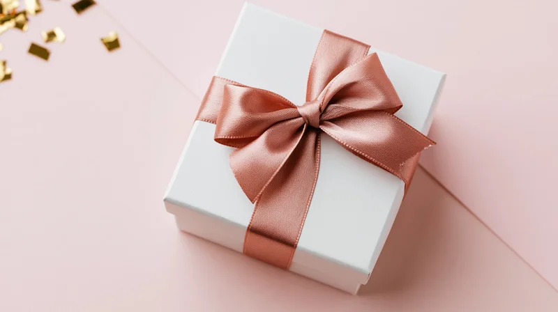 White gift box with rose gold satin ribbon bow on pink surface with gold confetti