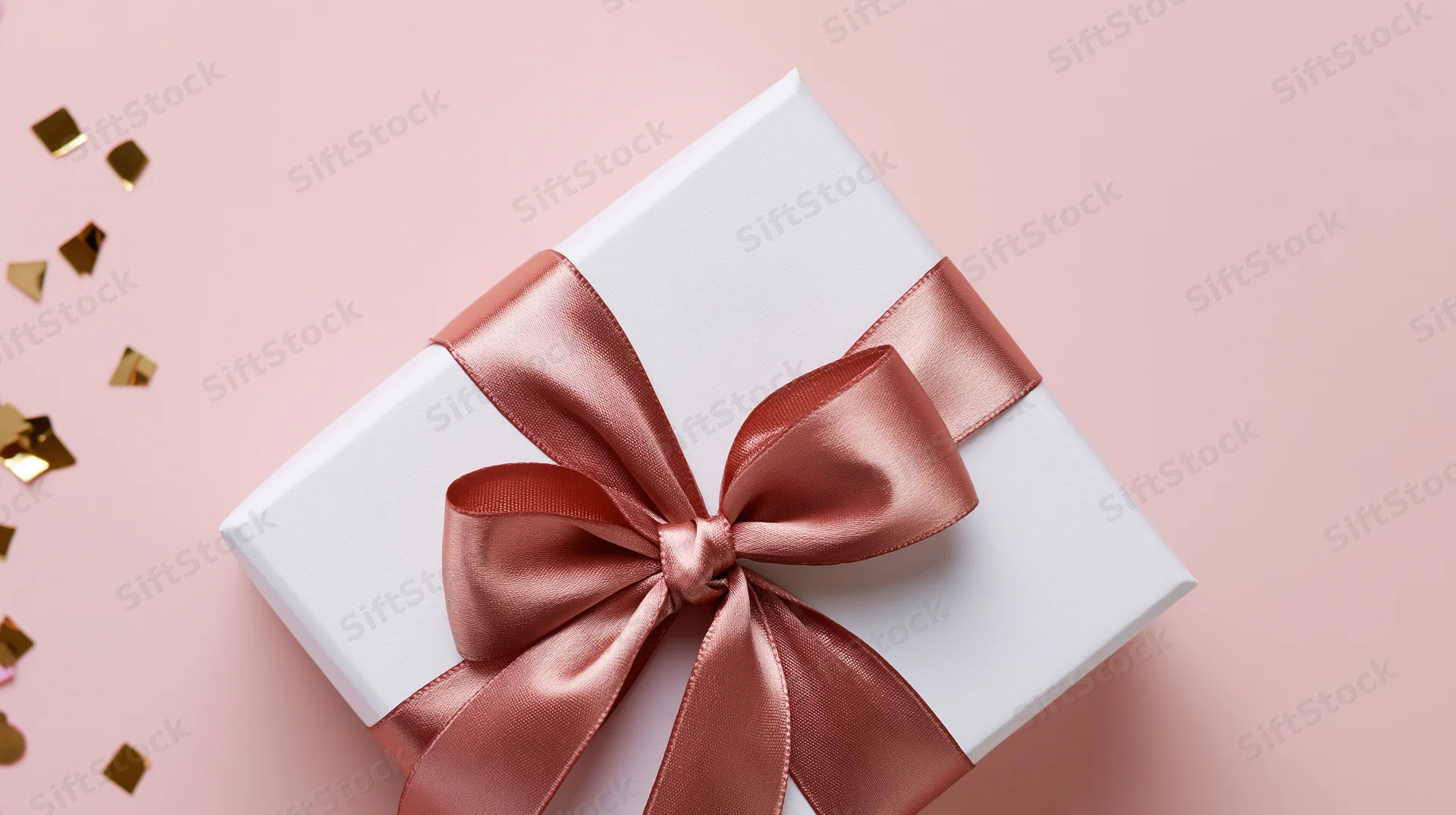 White gift box with rose-gold satin ribbon and bow on pink surface, scattered gold confetti nearby