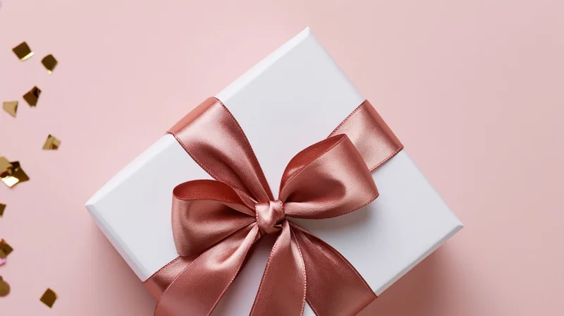 White gift box with rose-gold satin ribbon and bow on pink surface, scattered gold confetti nearby