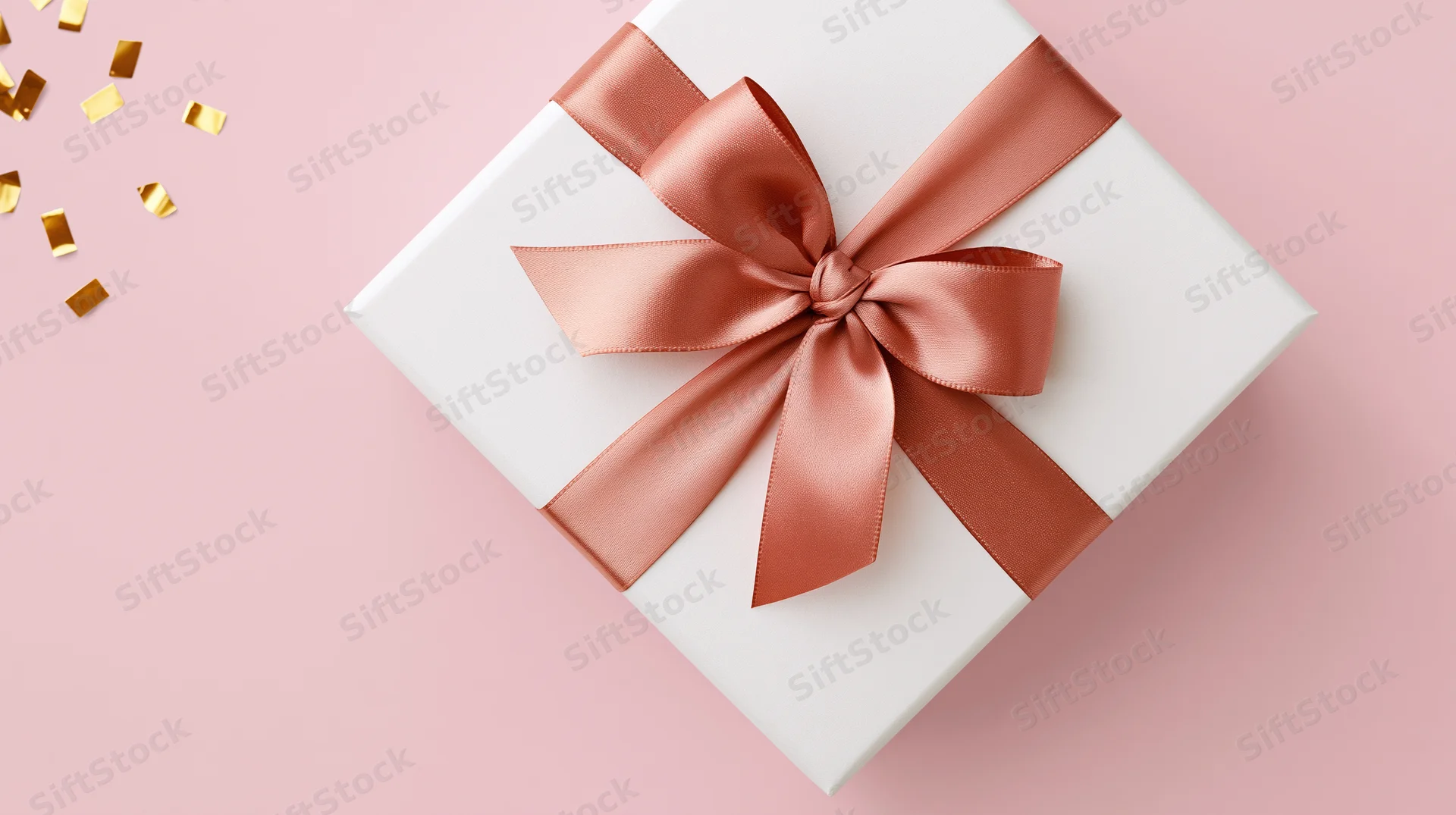 White gift box with rose gold satin ribbon and bow on pink background, scattered golden confetti nearby