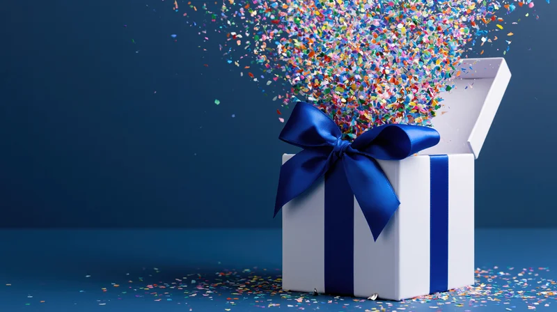 White gift box with blue ribbon bow open and confetti exploding from it on blue background