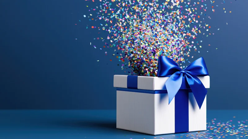 White gift box with blue ribbon bow open and exploding with colorful confetti against blue background