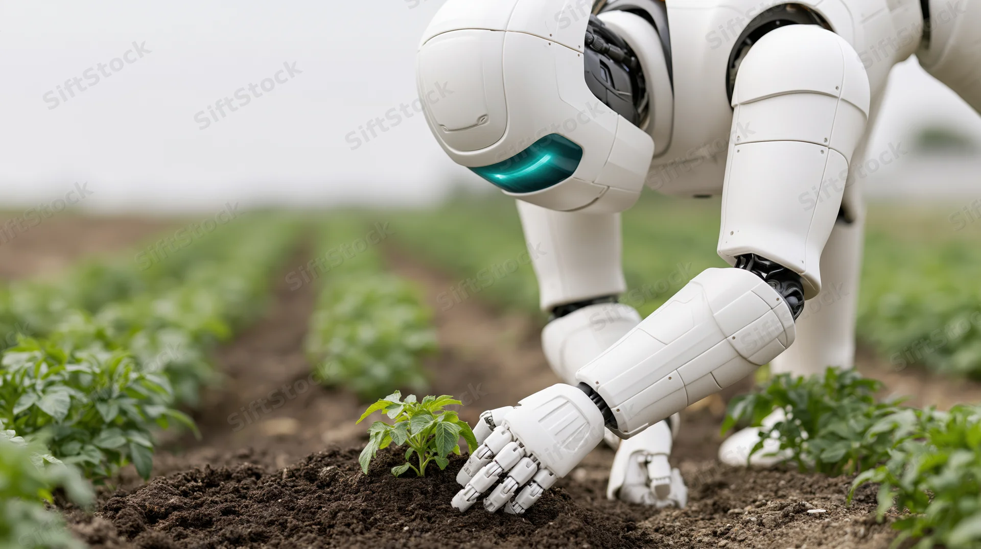 White humanoid robot tending a young plant in a cultivated field