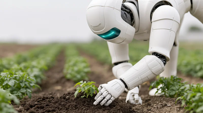 White humanoid robot tending a young plant in a cultivated field