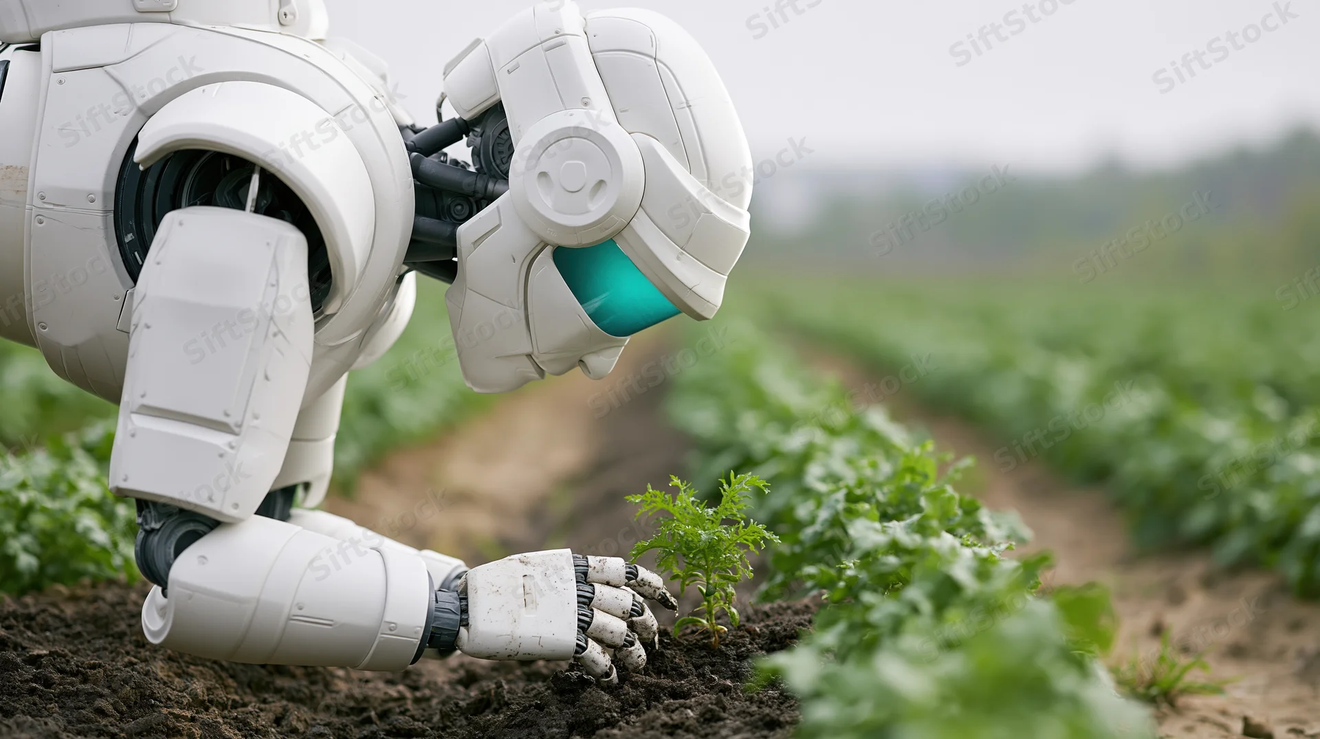 White humanoid robot tending a young plant in a farm field