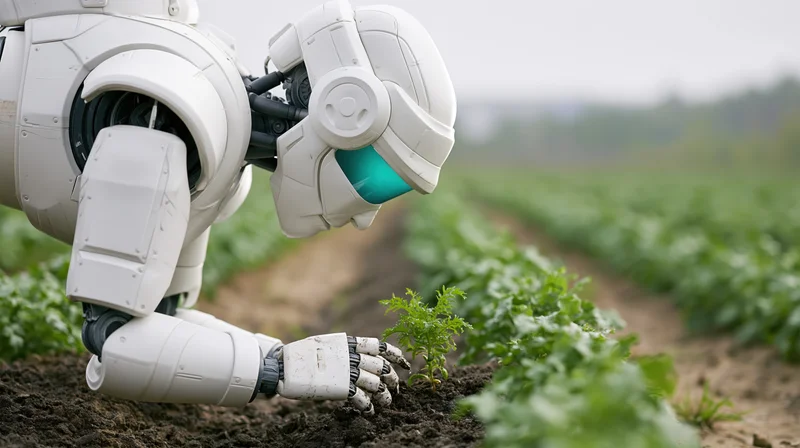 White humanoid robot tending a young plant in a farm field