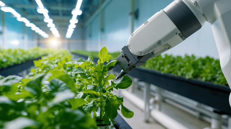 Robotic arm gently touching a leafy green plant in a hydroponic greenhouse