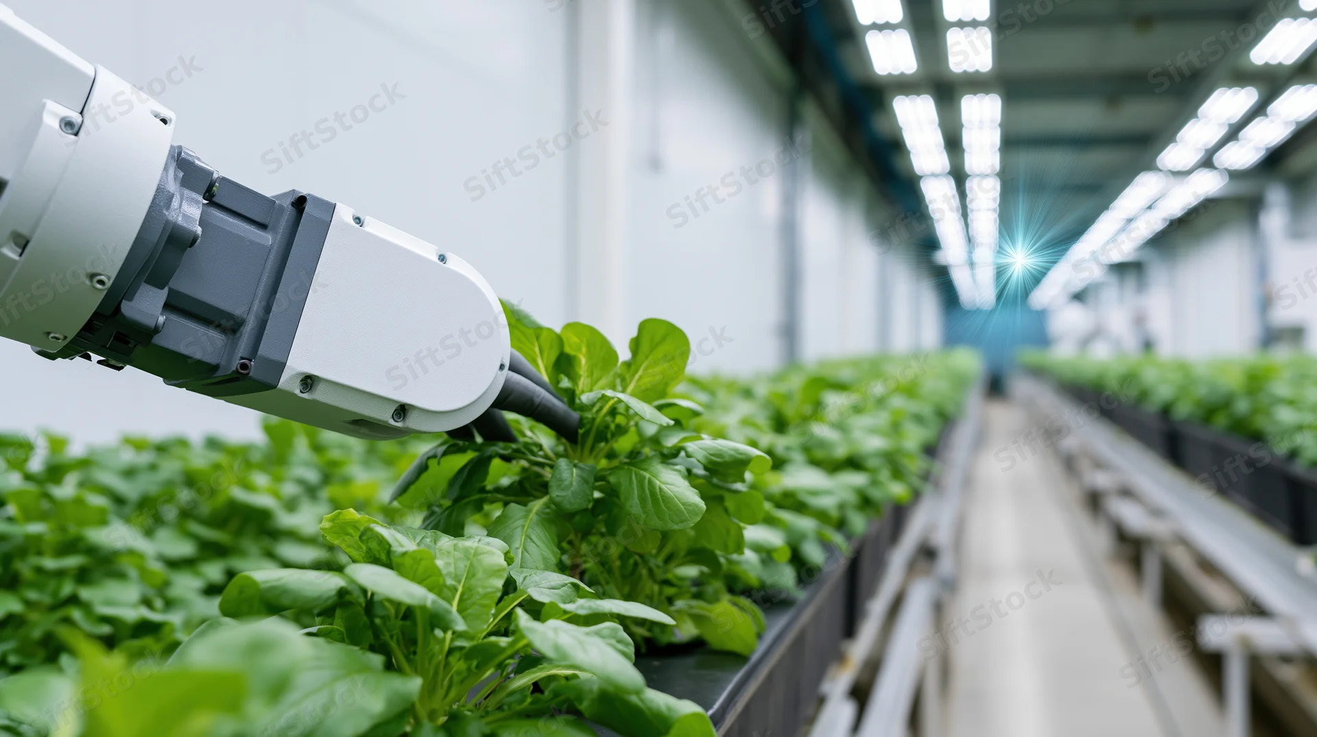 Robotic arm tending leafy greens in a hydroponic greenhouse facility