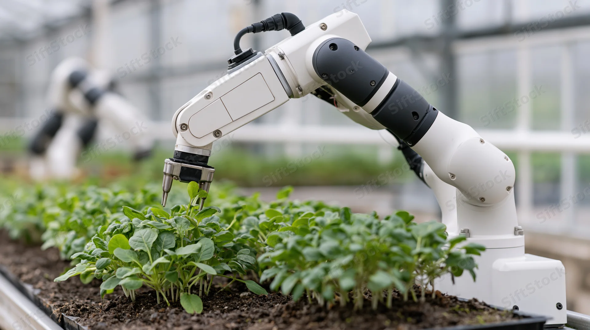 Robotic arm tending to seedlings in a greenhouse tray