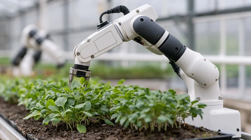 Robotic arm tending to seedlings in a greenhouse tray