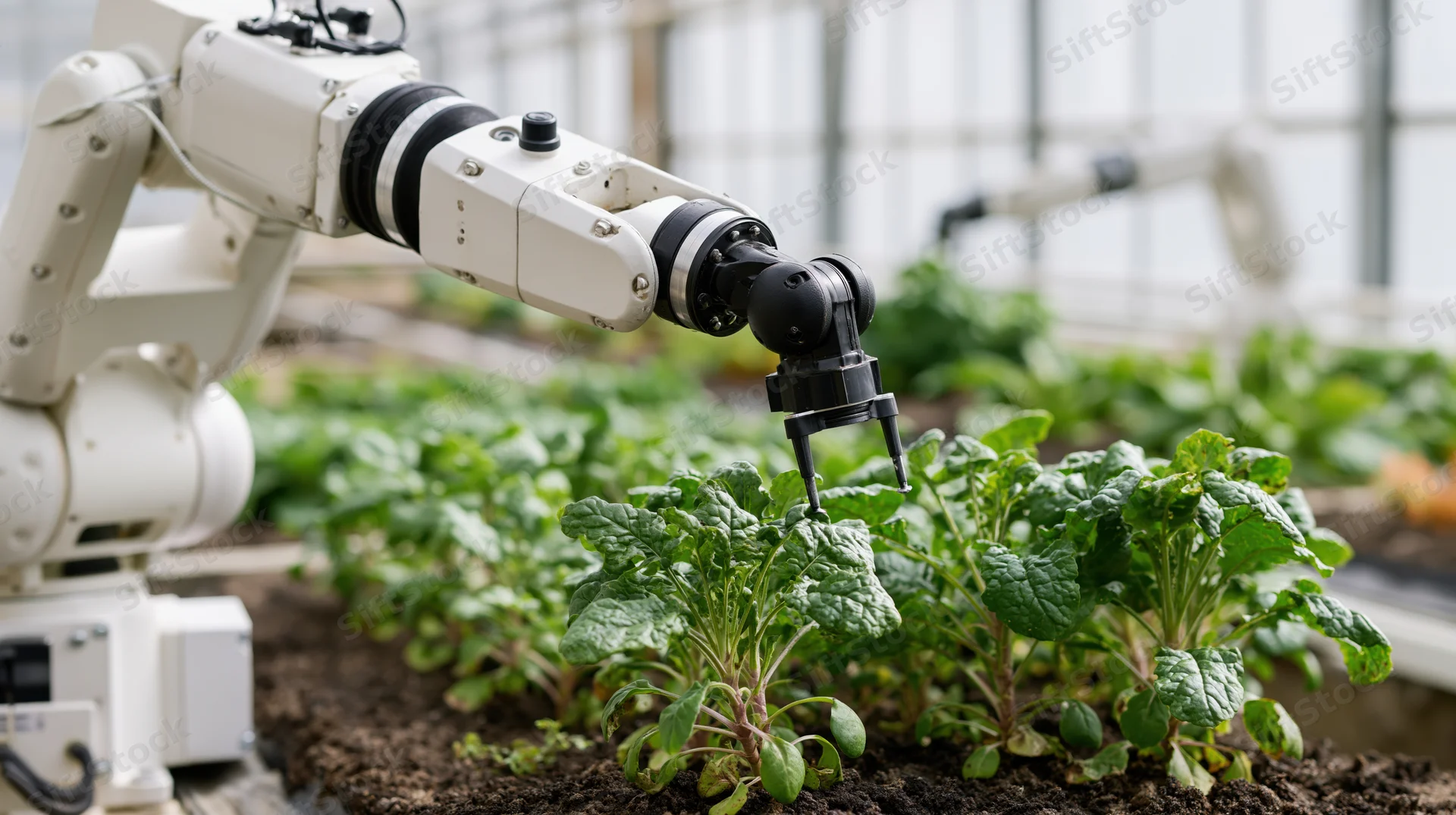 Robotic arm tending to leafy plants in a greenhouse