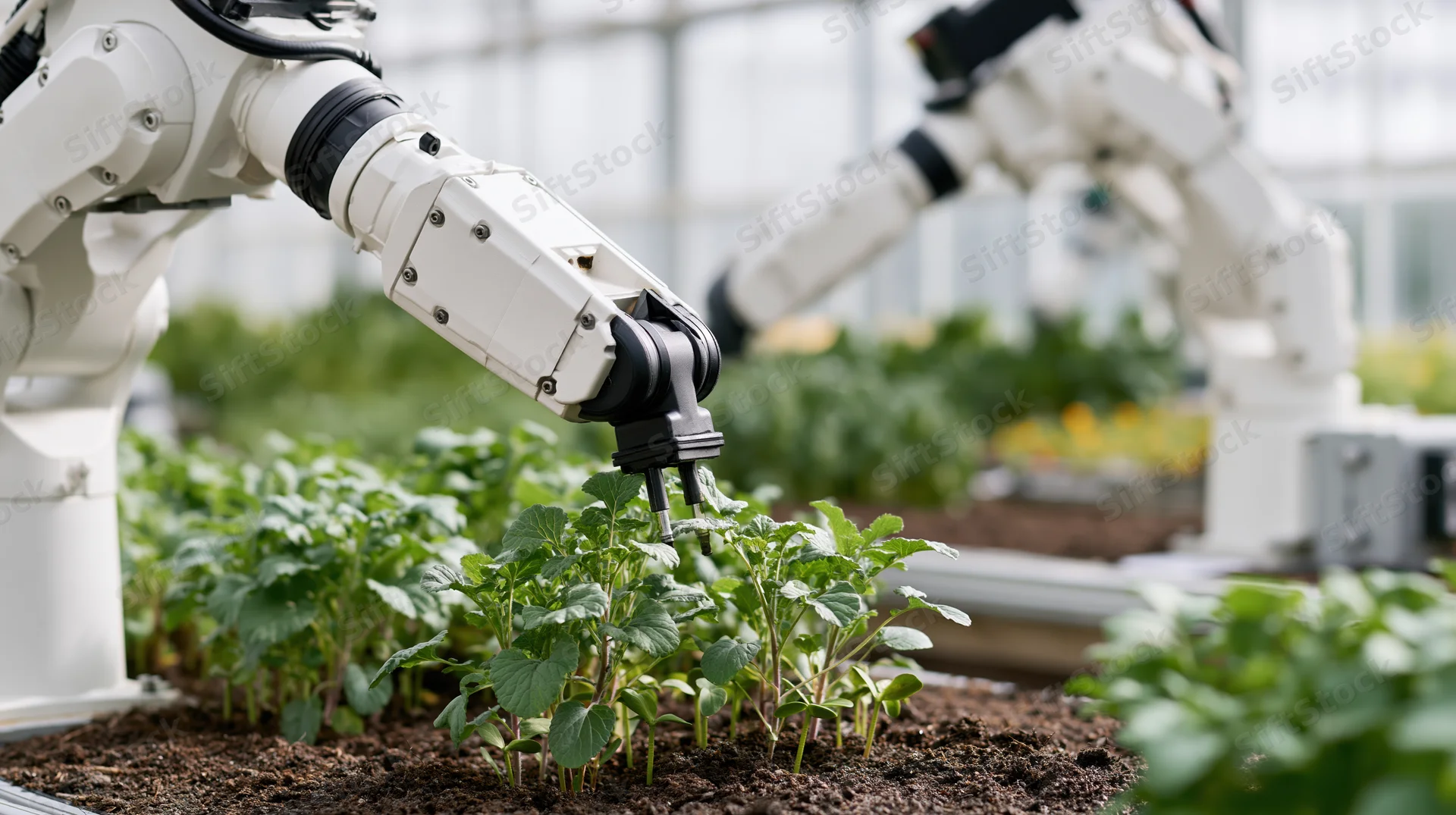 Robotic arm tending to leafy green plants in a greenhouse