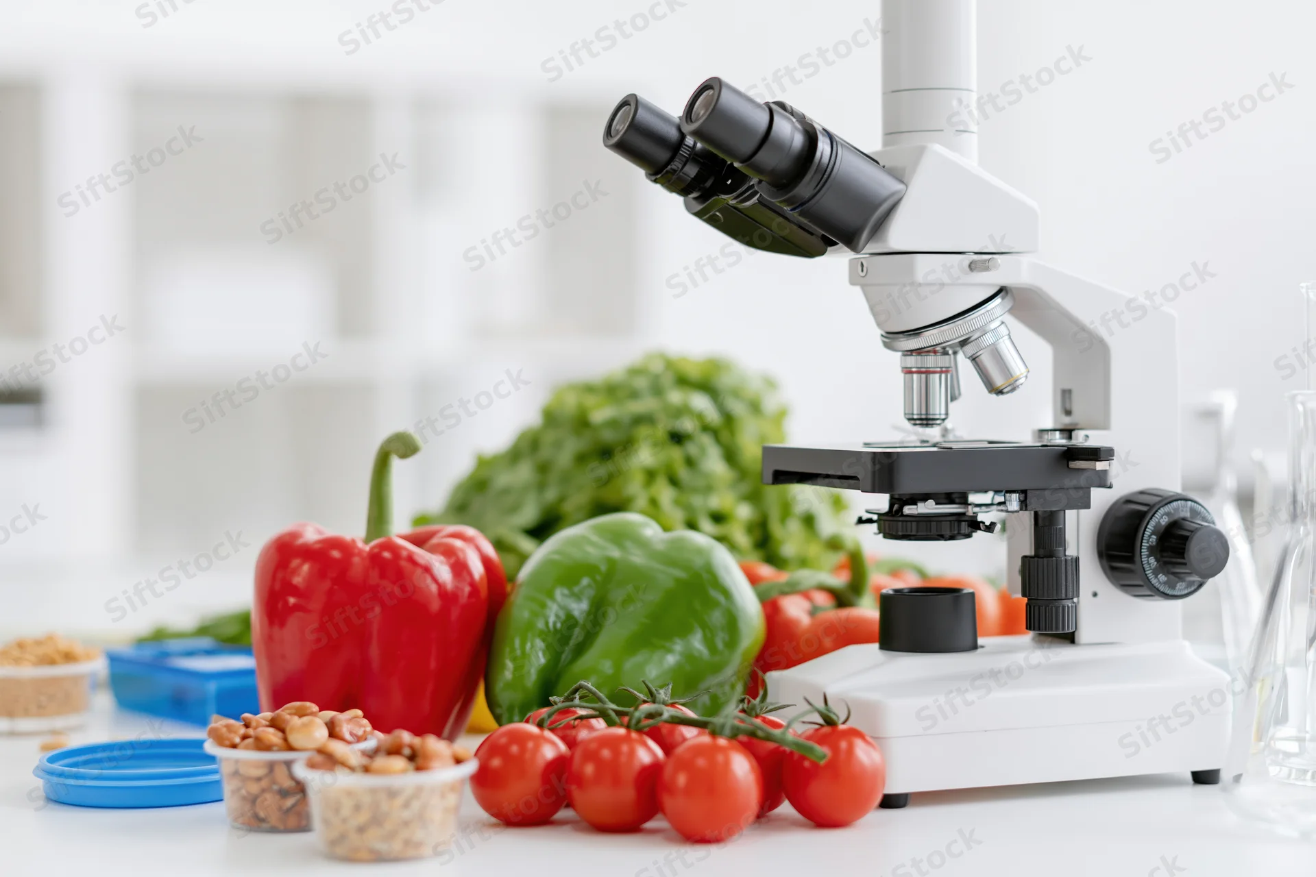 White laboratory microscope beside fresh vegetables on a lab bench