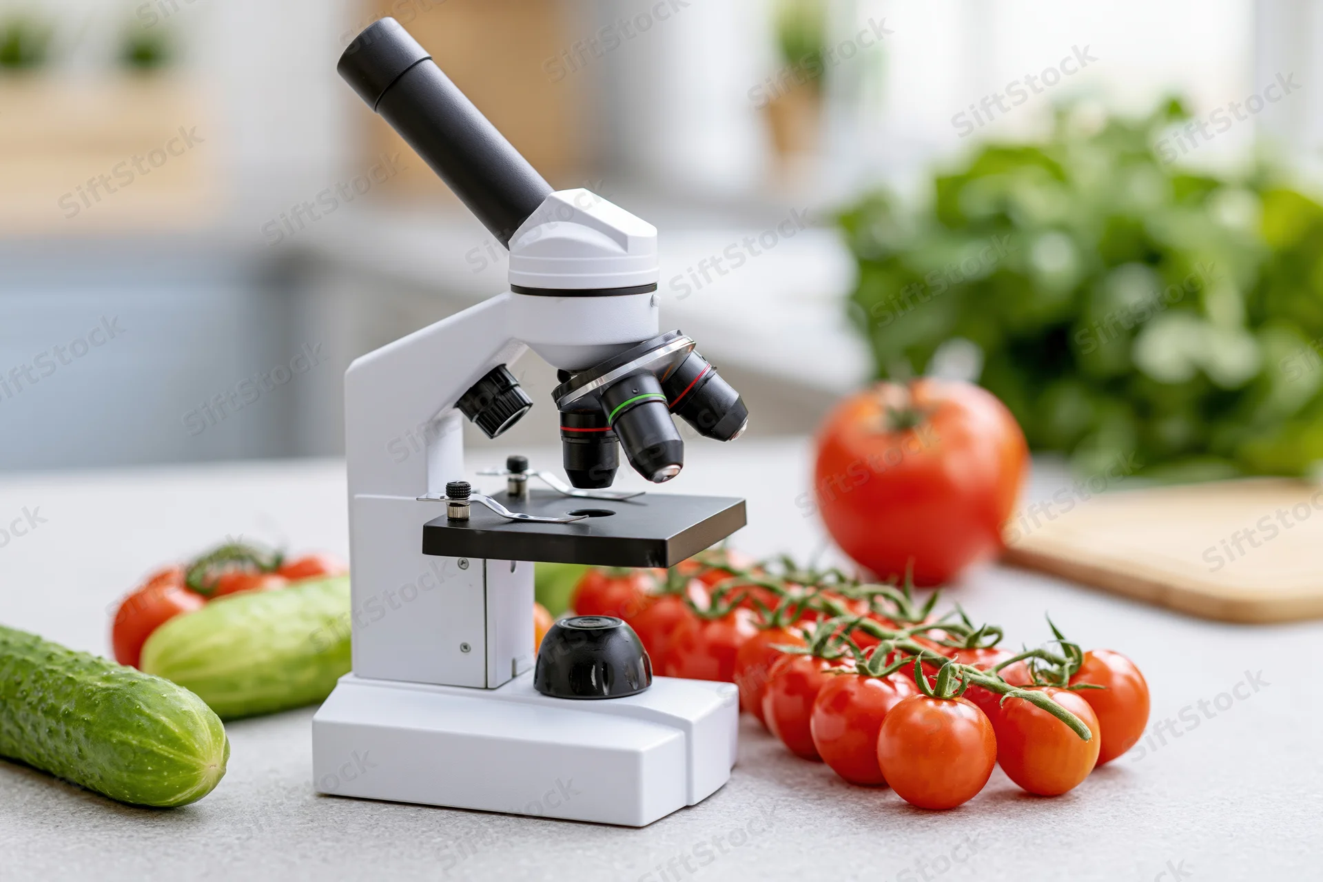White laboratory microscope on a kitchen countertop surrounded by fresh vegetables including tomatoes, cucumbers, and basil