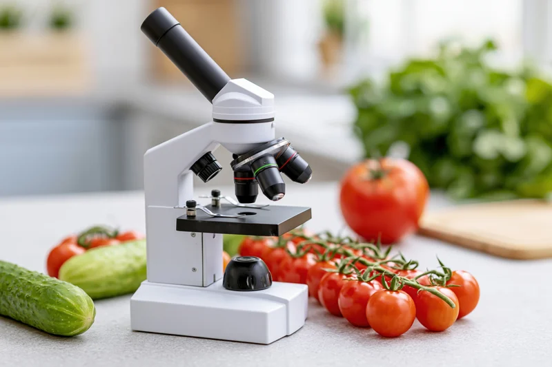 White laboratory microscope on a kitchen countertop surrounded by fresh vegetables including tomatoes, cucumbers, and basil
