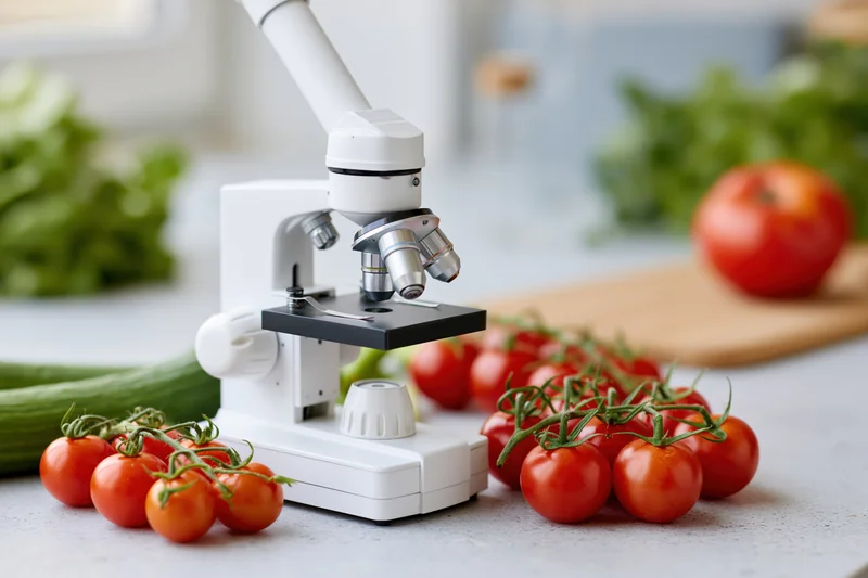 White laboratory microscope on countertop surrounded by fresh cherry tomatoes and vegetables