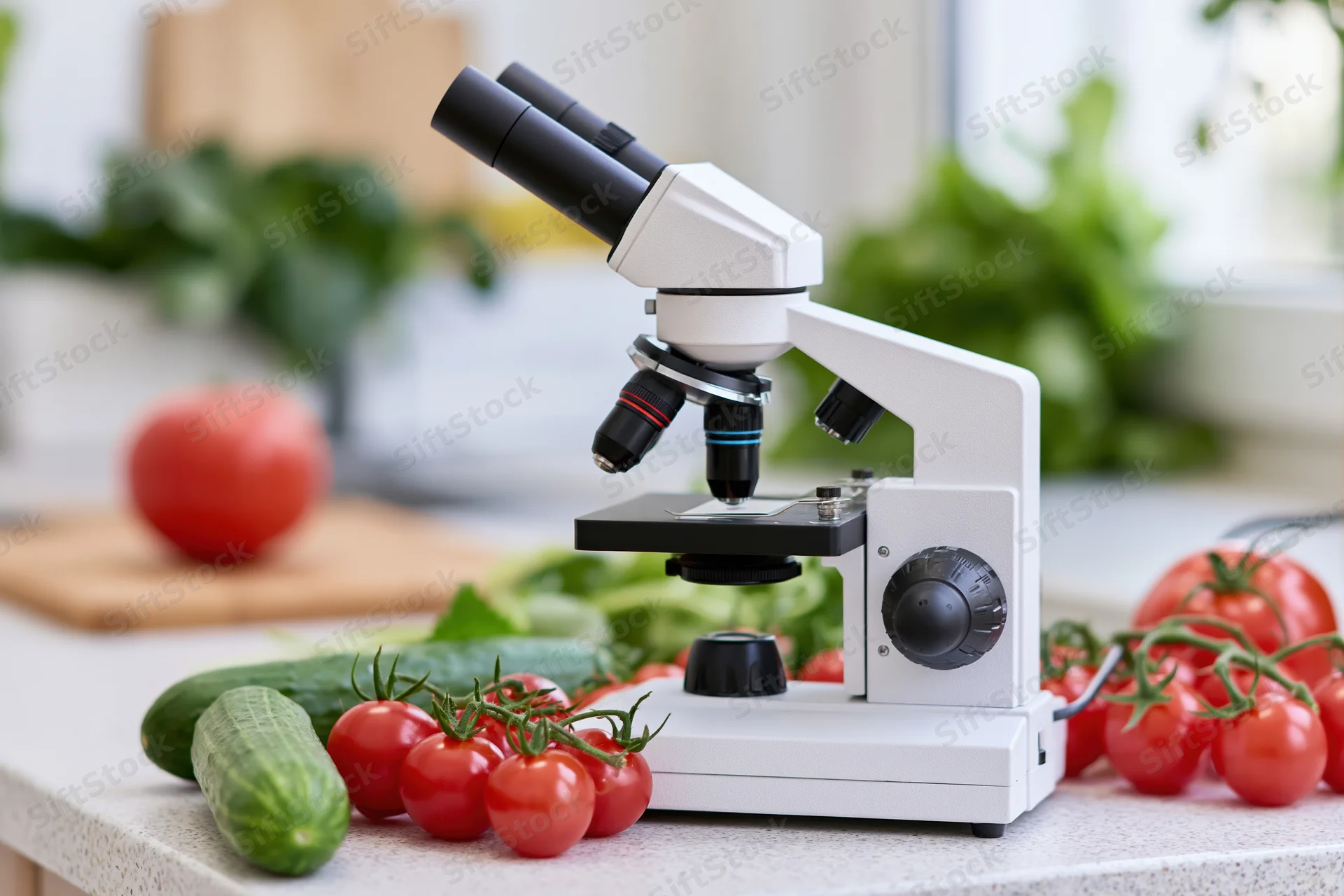 White laboratory microscope on kitchen countertop surrounded by fresh tomatoes and cucumbers