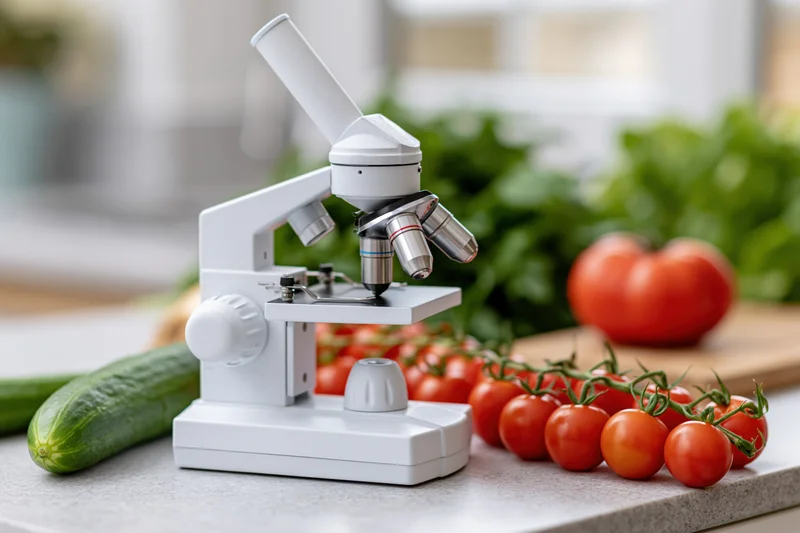White microscope on countertop beside fresh tomatoes and cucumber in kitchen