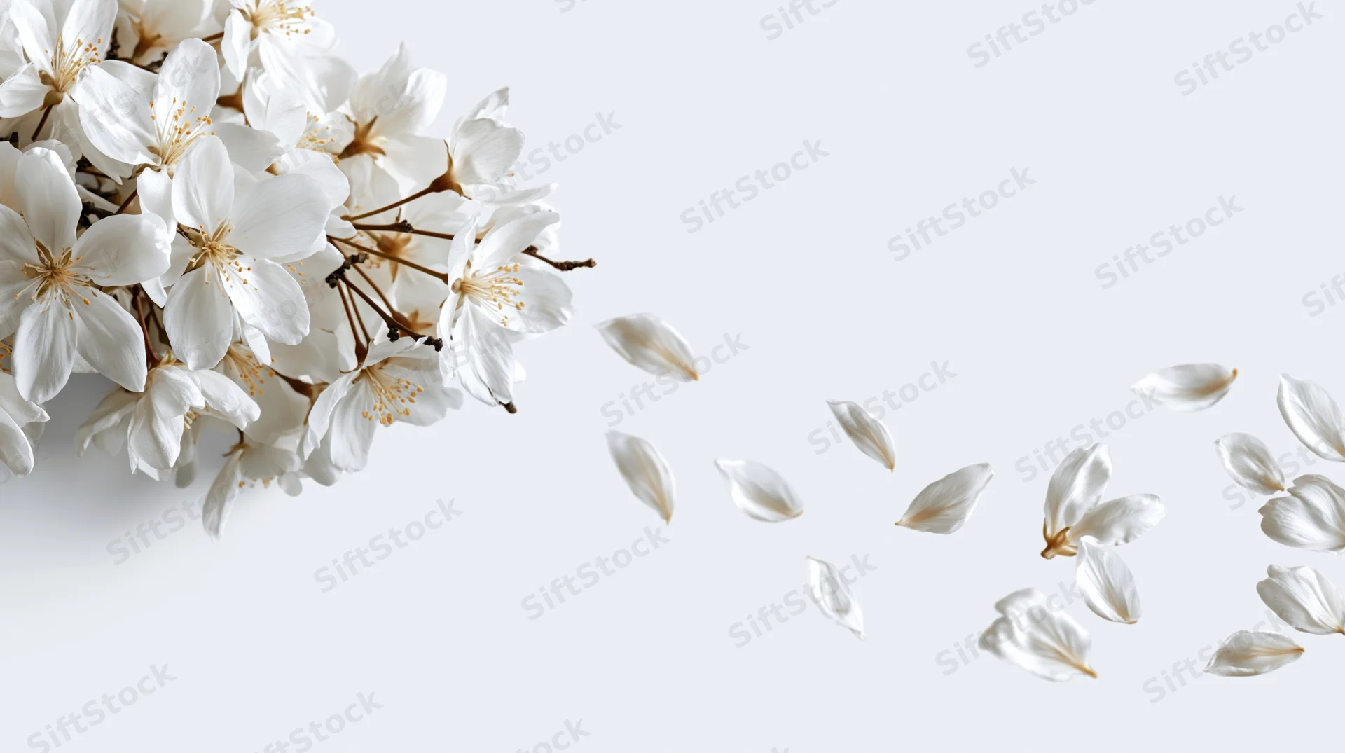 White blossoms clustered on a branch with petals drifting across a plain white surface